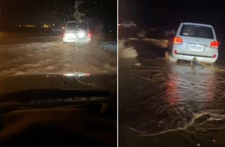 شاهد بالفيديو:رد العائلتين التي علقتا وسط السيول بالسعودية