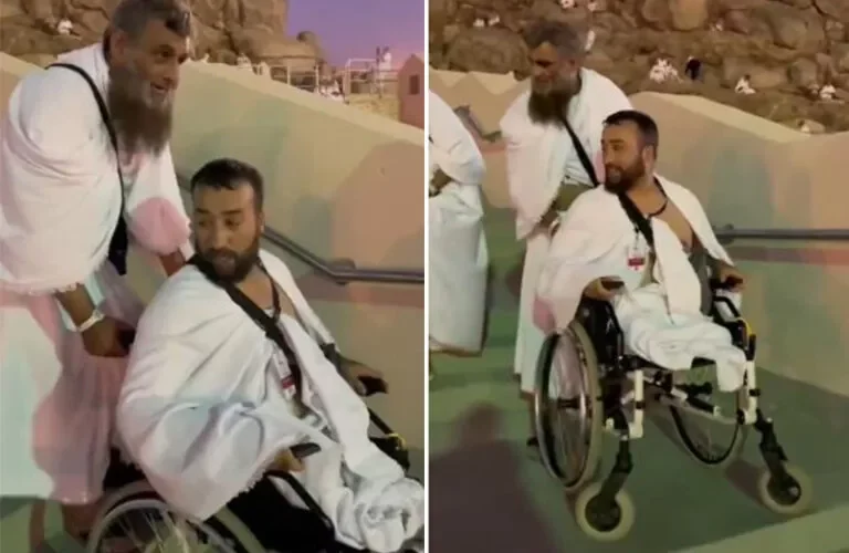 السعودية: حاج معاق يساعد معاقا آخر في الصعود إلى جبل الرحمة في مشهد مؤثر