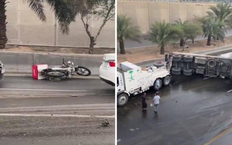 حادث مرعب لم تشهده السعودية من قبل .. انقسام شاحنة الى نصفين في طريق عام بالرياض والناس تتساقط منها بشكل مرعب!!